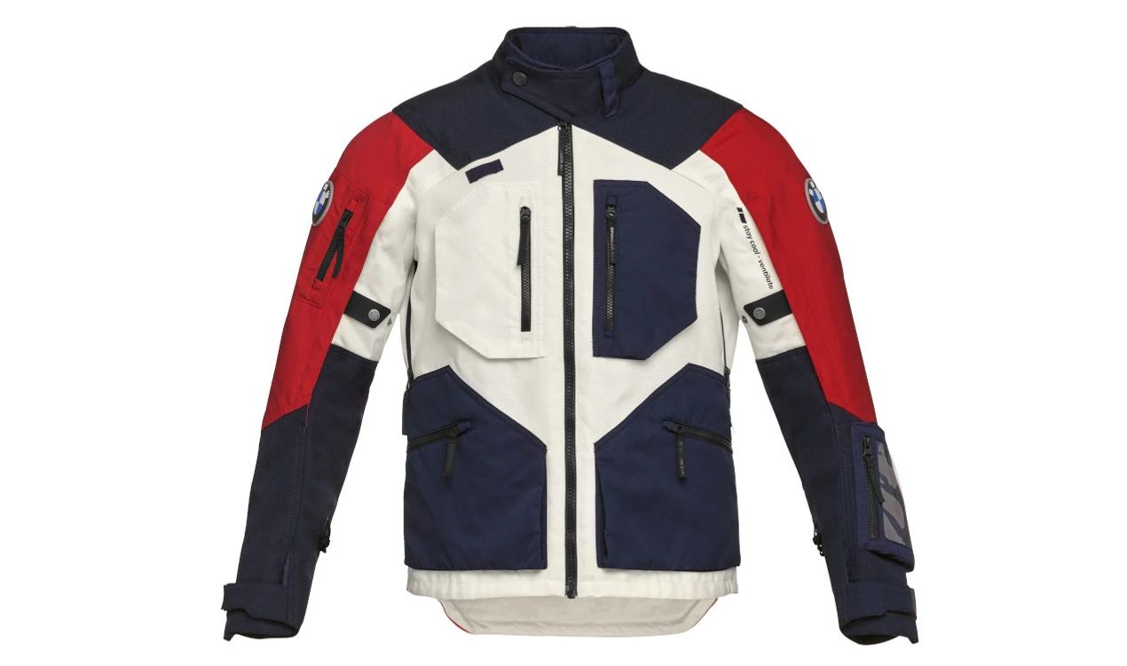 GS Rallye GORE-TEX Jacke OEM 76115A80BC2 für alle BMW Motorräder. Größe 46-64, Farbe Khaki/Rot. Original BMW Motorrad.