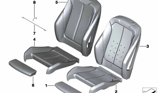 Funda respaldo asiento deportivo de cuero derecho OEM 52107303746 para BMW F30, F30N, F31, F31N, F34, F34N, F35, F35N, F36, F36N. Color marrón (sattelbraun). Original BMW.