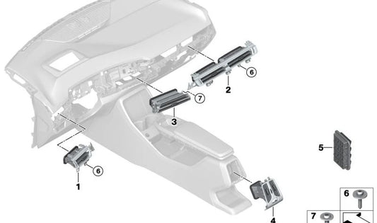 Ventilación trasera OEM 64229201647 para BMW F20, F20N, F21, F21N, F22, F22N, F23, F23N, F44, F45, F45N, F46, F46N, F87, F87N, G42, G87, U06, i3 I01, I01N, X1 F48N, F49, F49N, U11, U12, X2 F39, U10, Z4 G29 y MINI F54, F54N, F60, F60N, U25. Original