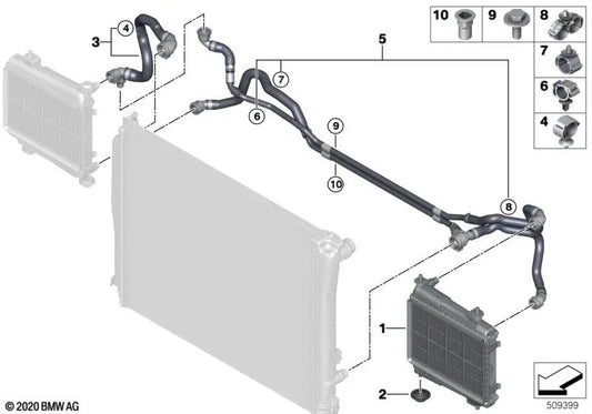 Displaced coolant radiator for BMW G42, G20, G20N, G22, G23, G26, G29 (OEM 17118672237). Original BMW.