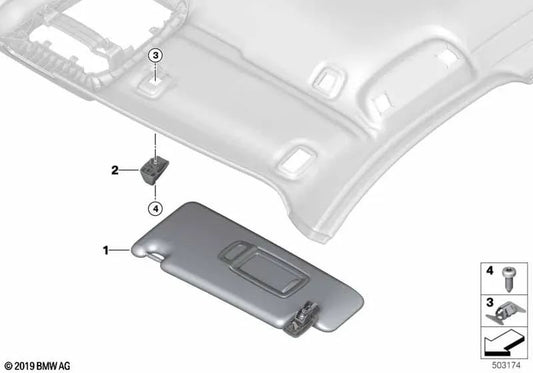 Para-sol com etiqueta direita para BMW F40, F45 (OEM 51165A3BCA6). BMW original
