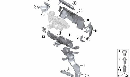 Protector térmico superior turbo OEM 11657618369 para BMW {F52, F45, F45N, F46, F48, F48N, F49, F39} y MINI {F54, F55, F56, F57, F60}. Original BMW y MINI.