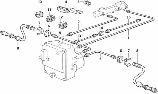 Tubo de freio dianteiro ABS OEM 34321163479 para BMW E34 530i e 540i com motor M60. Compatível com versões manuais e automáticas. BMW original.