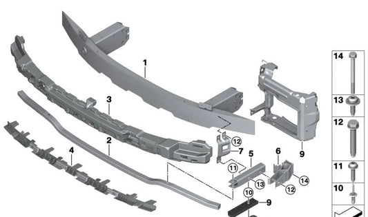 Absorbedor de impactos delantero OEM 51118085433 para BMW G20N, G21N, G28N. Pieza original BMW. Ideal para reparar golpe frontal en paragolpes delantero. Fácil de buscar como tope paragolpes BMW G20.