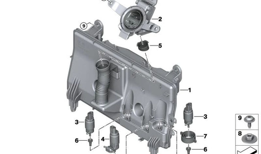 Depósito de agua para limpiaparabrisas OEM 61665A0AA57 para BMW i20 (modelos: M60, iX xDrive50, xDrive40) desde 07/2021 hasta 02/2025. Recambio original BMW.