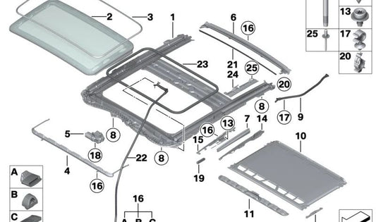 Mecanismo do telhado solar para BMW F20, F21, F22, F87, F30, F31, F34, F35, F80, F32, F36, F82, F26 (OEM 54107266211). BMW original