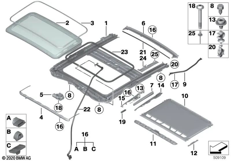 Schwebehimmel para BMW F22N Serie 2, F30, F35, F80 Serie 3, F32, F36, F82 Serie 4 (OEM 54107321798). Original BMW