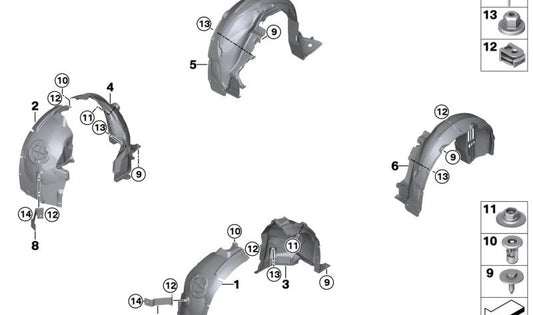 Tapa cubre tirante paso de rueda derecha OEM 51717368604 para BMW i3 {I01}. Original BMW.