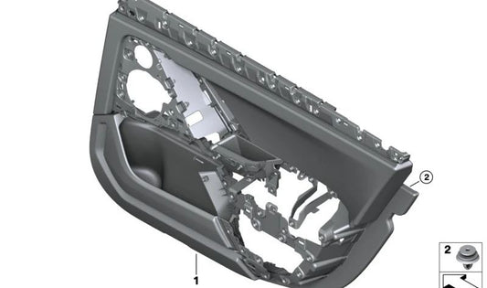 Panel interior puerta trasera izquierda OEM 51425A56937 para BMW Serie 7 G70. Color negro. Original BMW.