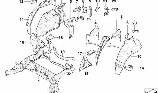 Pasarruedas trasero interior derecho OEM 41147135448 para BMW E63 y E64. Compatible con modelos 630i con motor N52 y N53 desde 2004 hasta 2010. Pieza original BMW.