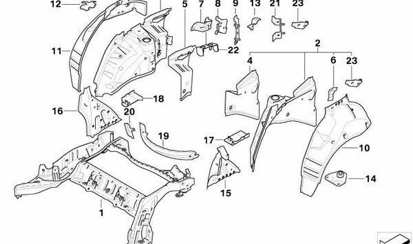 Carcasa interior de paso de rueda trasero derecho OEM 41147111252 para BMW E60, E61. Original BMW.