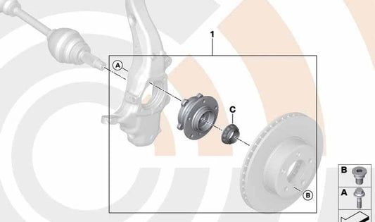 Kit de rodamiento de rueda delantero OEM 31222475059 para BMW X5 F15. Compatible con sistemas de tracción total. Original BMW.