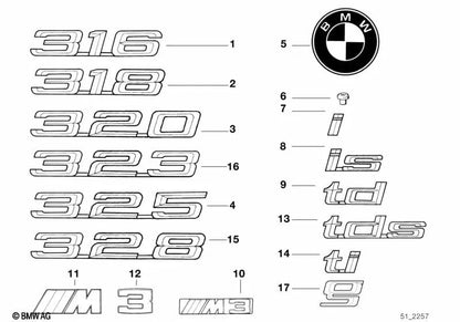 Emblema trasero pegado para BMW Serie 3 E36 (OEM 51148170183). Original BMW