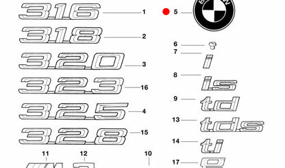 Emblema traseiro genuíno BMW OEM 51148238420 para BMW Série 3 E36 (316i, 318i, 318tds) anos 1995–1999. Peça original BMW para porta-malas/porta traseira.