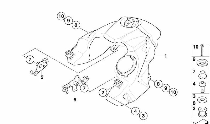 Soporte izquierdo de fijación del depósito OEM 46637705873 para BMW Motorrad R 1200 GS (RK25) 2007-2012. Original BMW Motorrad.