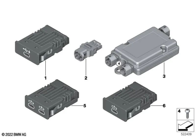 Conexão USB dupla para BMW 1 F40 Series, F52, Série 2 F44, G42, Série 3 G20, G21, G28, Série 4 G22, G23, 5 G30 Series, G31, Série 6 G32, Série 8 G16, X2 F39, X3 G01 , G08, X4 G02, X5 G18, X7 G07 (OEM 84105A84160). BMW original.