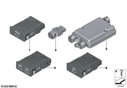 Conexão USB dupla para BMW 1 F40 Series, F52, Série 2 F44, G42, Série 3 G20, G21, G28, Série 4 G22, G23, 5 G30 Series, G31, Série 6 G32, Série 8 G16, X2 F39, X3 G01 , G08, X4 G02, X5 G18, X7 G07 (OEM 84105A84160). BMW original.