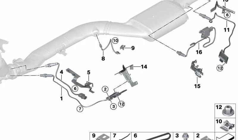 Clip fijación OEM 13627789584 para BMW E60, E61, F07, F10, F11, F02, E53, E70, F15, E71. Compatible con sistemas de escape y sensores NOX. Original BMW.