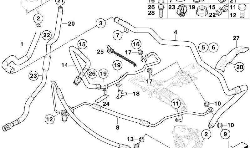 Tubo de aspiración dirección asistida OEM 32416763565 para BMW E60, E61, E63, E64. Original BMW.