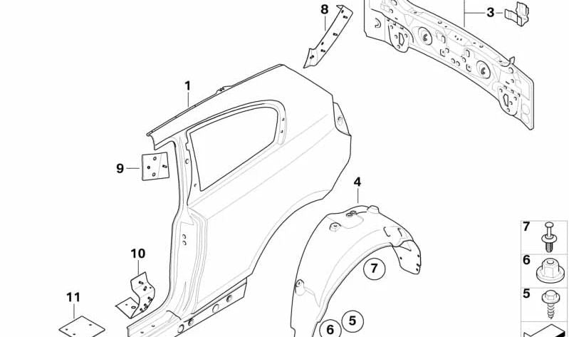 Passaggio interno della ruota posteriore OEM 51717202638 per BMW E81, E87. BMW originale.