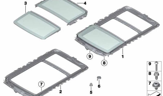 OEM 5410725636 Panoramic roof front glass for BMW F11 518D, 520D. Compatible with models made between 2013 and 2017. Original part BMW.