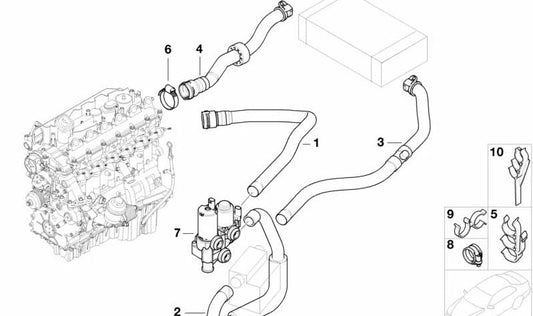 Tubo d'acqua per riscaldamento OEM della valvola 64216905942 per BMW E46 318D, 318TD, 320CD (tutti i modelli indicati). BMW di riserva originale.