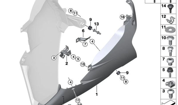 Soporte spoiler motor delantero izquierdo OEM 46637924103 para motos BMW S 1000 R, S 1000 RR, S 1000 XR, M 1000 R, M 1000 RR, M 1000 XR. Original BMW Motorrad.