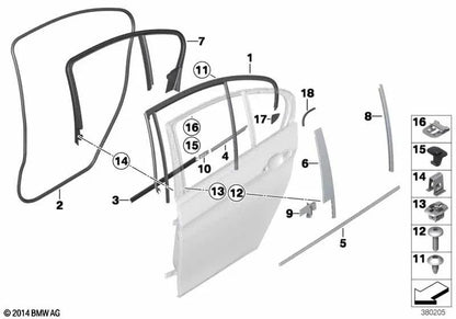 Moldura de guia de janela externa direita para BMW F30, F30N, F80, F80N (OEM 51357258302). BMW original