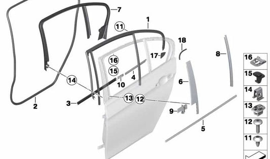 Junta guía ventana derecha OEM 51357258304 para BMW F30, F30N, F31, F31N, F35, F35N, F80, F80N. Original BMW.
