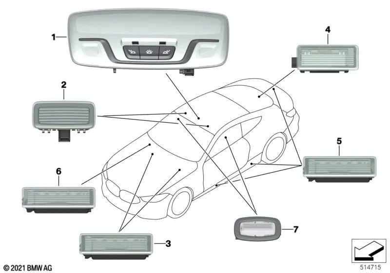 Rear Center LED Interior Reading Light for BMW 8 Series F93, G16, X5 F95, F95N, G05, G05N, X6 F96N, G06, G06N (OEM 63317910818). Genuine BMW.
