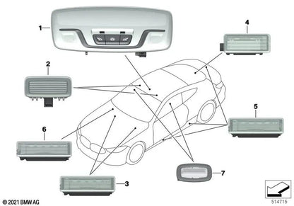 Rear Center LED Interior Reading Light for BMW 8 Series F93, G16, X5 F95, F95N, G05, G05N, X6 F96N, G06, G06N (OEM 63317910818). Genuine BMW.
