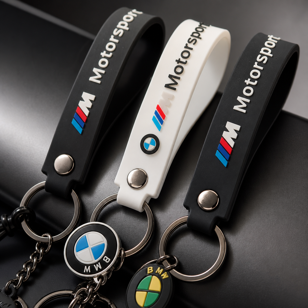 Detalle del logotipo BMW Motorsport en el llavero de oso 3D