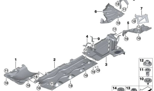 Suporte para o revestimento inferior para BMW 1 F70 Series, Série 2 U06, X1 U11, U12, X2 U10, Mini U25 (OEM 51757931731). BMW original.