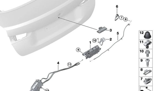 Cierre portón trasero OEM 51249851910 para BMW G26 (i4 eDrive35, i4 eDrive40, i4 M50 xDrive, todos los modelos 2021 en adelante). Original BMW.