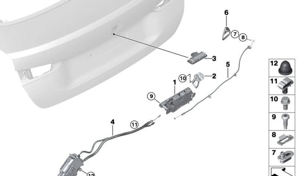 Cierre portón trasero OEM 51249851910 para BMW G26 (i4 eDrive35, i4 eDrive40, i4 M50 xDrive, todos los modelos 2021 en adelante). Original BMW.
