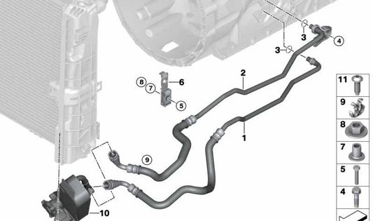Tubería de retorno del radiador de aceite OEM 17227577638 para BMW E82, E88, E90, E90N, E91, E91N, E92, E92N, E93, E93N, E84. Original BMW.