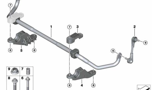 Front stabilizer support OEM 31308091462 for BMW F90, F90N, F91, F92, F93, G16. Original BMW spare.