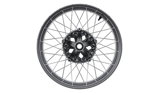 Schwarzes vorderes Kreuzspeichenrad OEM 36318562512 für BMW R nineT Scrambler, R nineT Urban G/S Motorräder. Original BMW Motorrad.