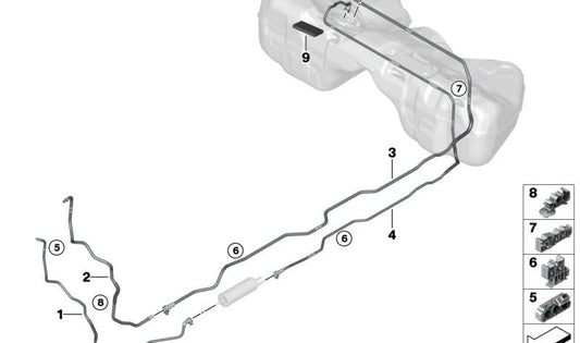 Tubería de retorno de combustible OEM 16125A02298 para BMW G60 y G61. Original BMW.