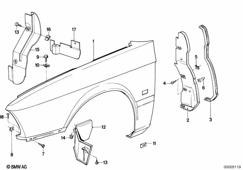 Cubierta del paso de rueda delantero derecho para BMW Serie 5 E28 (OEM 51711874602). Original BMW.