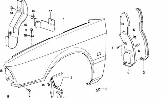 Passaggio ruota anteriore destro OEM 51711930852 per BMW E28 M535I (DC51, DC52, DC61, DC71, DC72, DC81, DC82). BMW originale BMW.