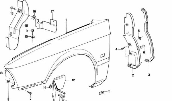 Cubierta paso de rueda delantera izquierda OEM 51711927489 para BMW E28. Original BMW.