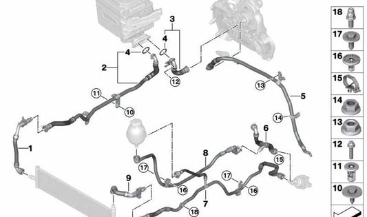 Tubo de refrigeración batería OEM 17128596342 para BMW G30, G31, G11, G12, G14, G15, G16. Original BMW.