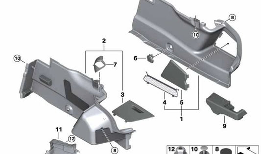 Embellecedor tapa bisagra maletero izquierda OEM 51477467173 para BMW F92 y G15. Original BMW.