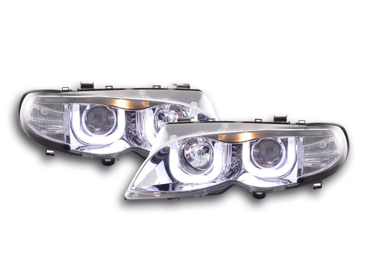 Faros delanteros Angel Eyes para BMW Serie 3 E46 Berlina/Touring 02-05 cromados para volante a la derecha