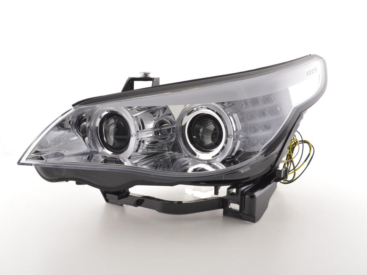 Faros delanteros xenón ojos de angel LED BMW Serie 5 E60 / E61 03-04 cromados para volante a la derecha
