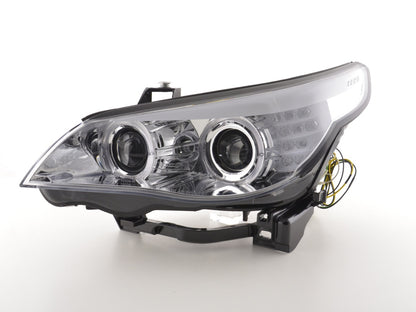 Faros delanteros xenón ojos de angel LED BMW Serie 5 E60 / E61 03-04 cromados para volante a la derecha