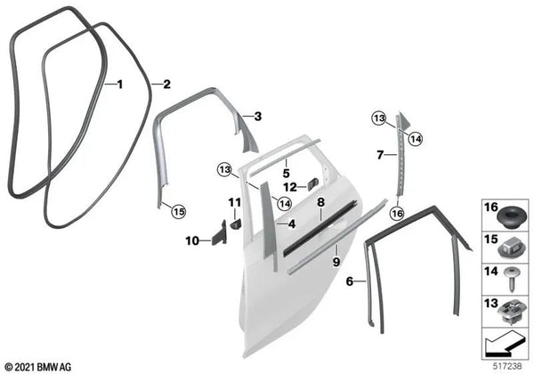 Sellado de embellecedor de la columna B, puerta trasera izquierda para BMW Serie 2 U06 (OEM 51358496373). Original BMW.