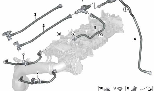 Bomba de succión con tubo OEM 13907935187 para BMW G30, G31, G32, G11, G12, G14, G15, G16, G05, G06, G07. Pieza del sistema de ventilación del depósito. Original BMW.