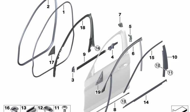 Junta de puerta delantera derecha OEM 51767341646 para BMW F90, F90N, G30, G30N, G31, G31N, G38, G38N. Original BMW.